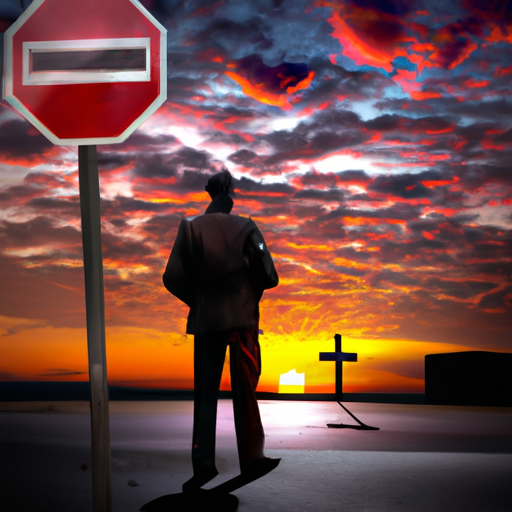 An image depicting a solitary figure standing at a crossroads, overlooking a vibrant sunrise