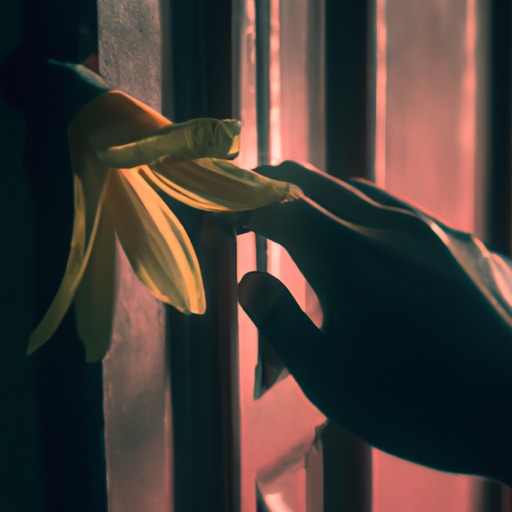 An image that captures the essence of bittersweet farewell - a hand reluctantly releasing a vibrant, blooming flower while reaching out to grasp a dimly lit, closed door