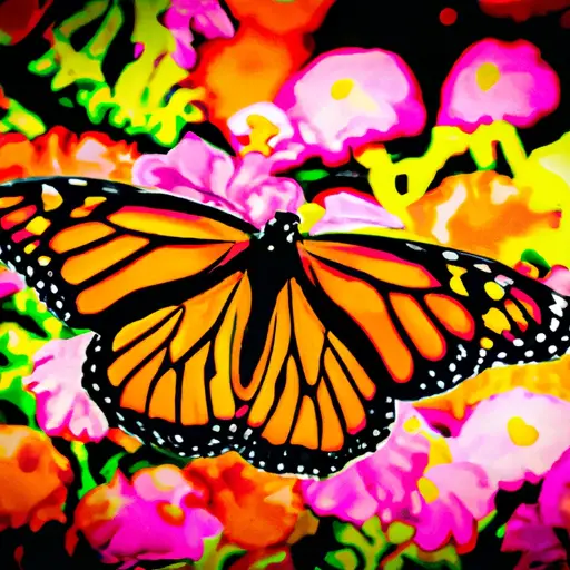 An image of a vibrant monarch butterfly gracefully fluttering amidst a field of blooming flowers, its delicate wings showcasing intricate patterns