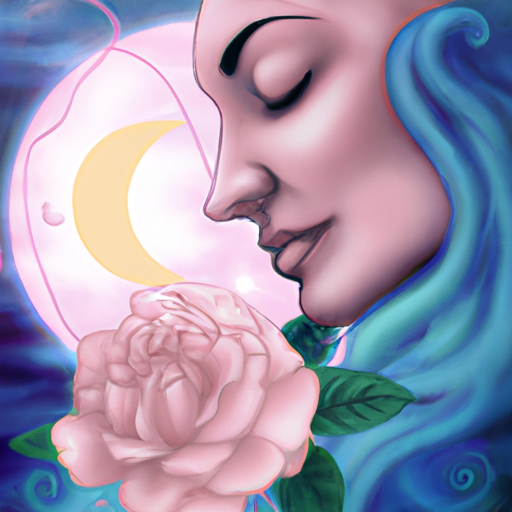 An image showing a serene Cancer woman, her nurturing aura evident as she cradles a blooming rose, while the moon's gentle glow illuminates her tender yet resilient personality, embodying love, sensitivity, and profound intimacy
