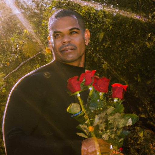An image that showcases a Capricorn man surrounded by serene nature, holding a bouquet of red roses with a genuine smile
