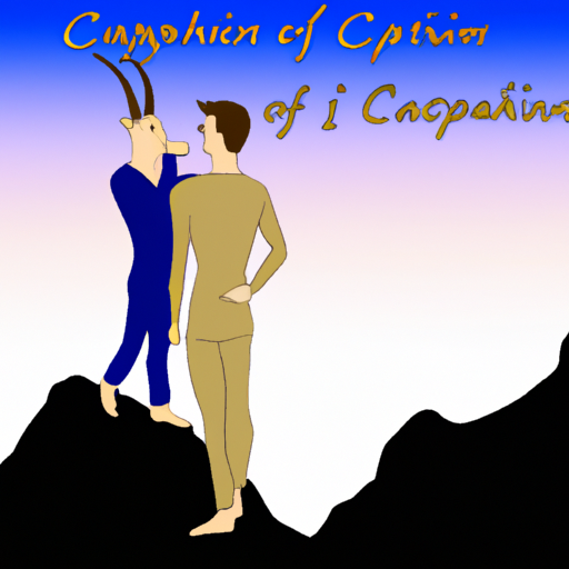 An image featuring a Capricorn man standing tall on a mountaintop, surrounded by a serene landscape