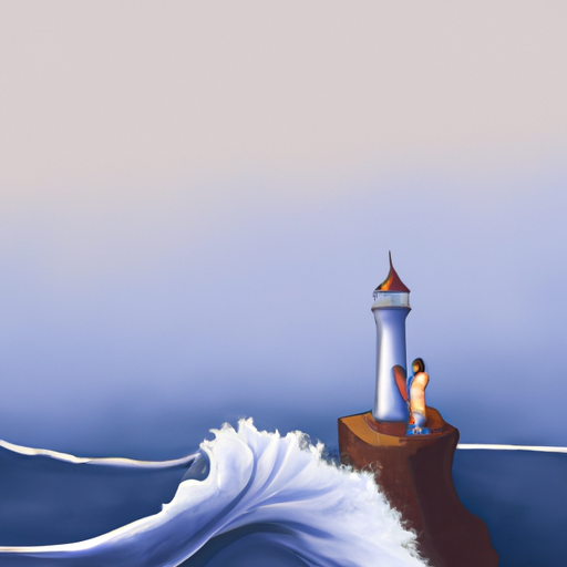 An image showcasing a serene ocean with a sturdy lighthouse standing tall amidst crashing waves