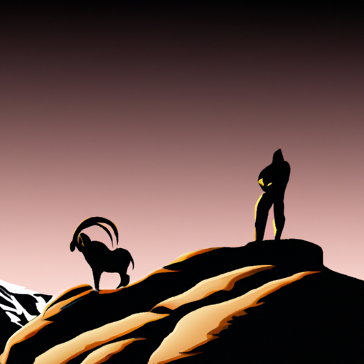 An image featuring a serene mountain landscape, with a solitary Capricorn man standing confidently at the summit