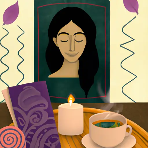 An image showcasing a serene woman confidently engaged in self-care rituals, surrounded by elements symbolizing balance and inner strength: a yoga mat, a journal, a cup of herbal tea, and a flickering candle