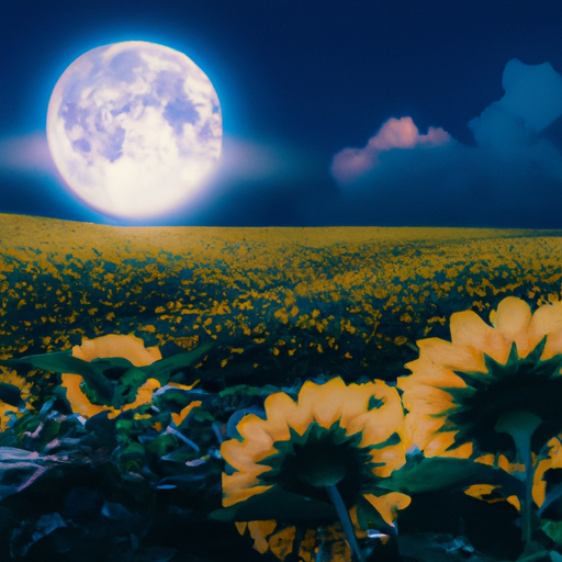 An image showcasing the ethereal beauty of a serene night sky, with a radiant full moon illuminating a blooming field of sunflowers