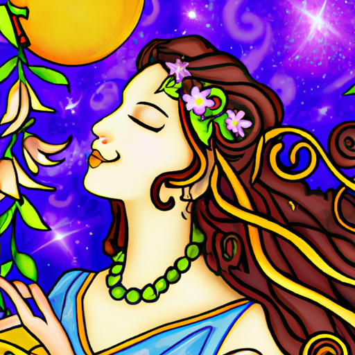 An image capturing the essence of Ceres in astrology: a celestial maiden, gracefully holding a cornucopia overflowing with vibrant fruits and flowers, symbolizing the cycles of life and the nurturing energy of this celestial body