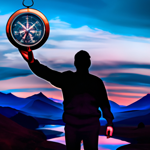 An image depicting a person standing on a mountaintop, surrounded by a breathtaking sunrise, holding a compass, with their face reflecting determination and clarity, symbolizing the pursuit of their goals and aspirations
