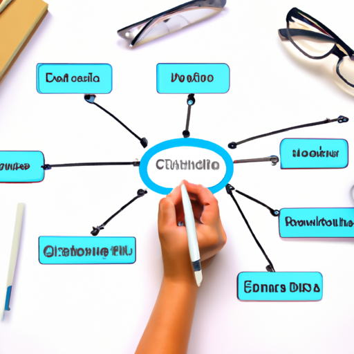 An image depicting a person holding a pen, surrounded by a mind map filled with interconnected arrows and boxes