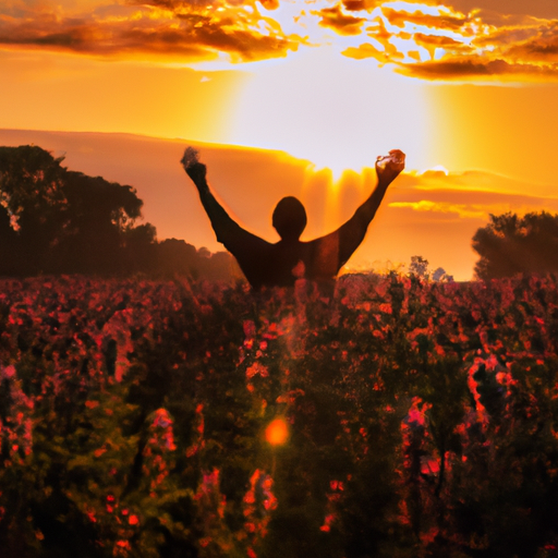 An image of a radiant sun rising over a vast field of blooming flowers, with a person standing in the foreground, arms outstretched, embracing the warm glow