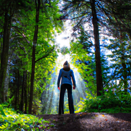 Create an image capturing a person standing at the edge of a dark forest, surrounded by beams of radiant sunlight breaking through the trees