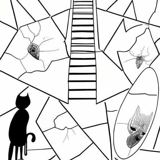 An image featuring a shattered mirror reflecting a solitary figure, surrounded by seven years of bad luck symbols from diverse cultures: a black cat, a ladder, a broken mirror, and a cracked mirror