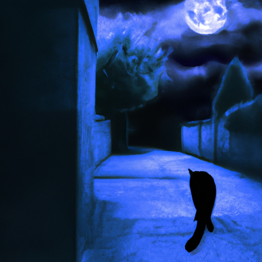 An image displaying a dimly lit alleyway at twilight, with a solitary figure frozen in fear as a sleek black cat gracefully crosses their path