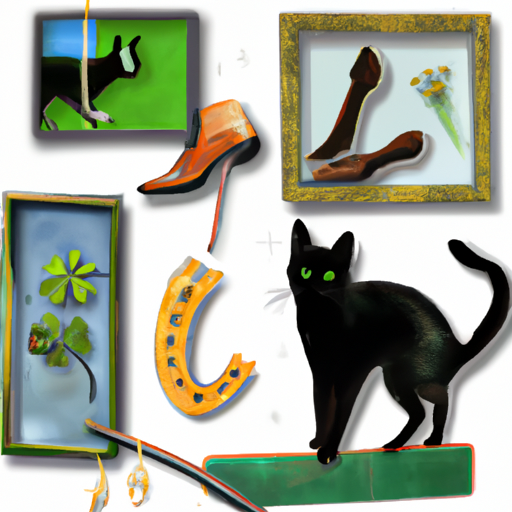 An image showcasing a diverse collection of objects symbolizing worldwide superstitions: a black cat crossing paths, a broken mirror, a four-leaf clover, a horseshoe, a ladder, and a rabbit's foot