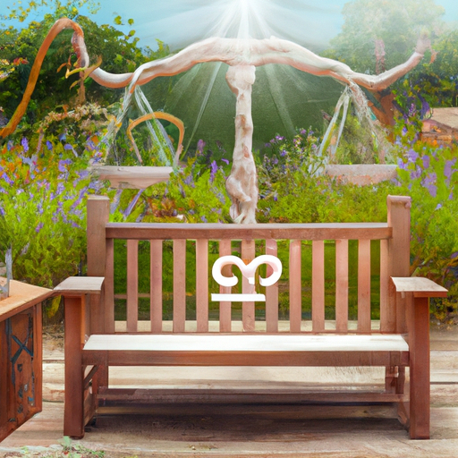 An image showcasing a serene garden with a beautifully crafted wooden bench, surrounded by various zodiac symbols
