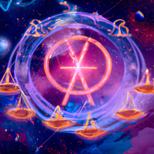 An image showcasing a vibrant, celestial backdrop where twelve zodiac signs orbit around a captivating Libra, radiating harmony
