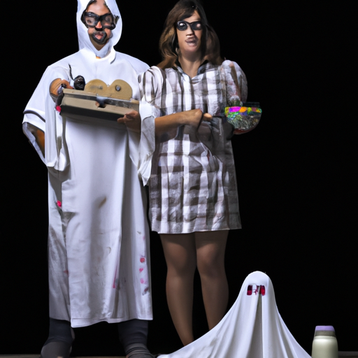 An image featuring a couple dressed as a "cereal killer" and a "ghostbuster," with the man holding a box of cereal and a fake knife, while the woman holds a ghost trap and wears a ghost sheet