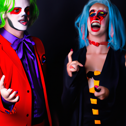 An image showcasing an imaginative couple costume idea for Halloween: a vibrant duo dressed as the iconic Joker and Harley Quinn, with elaborate face paint, vibrant hair, and flamboyant attire, celebrating the realm of pop culture pairings