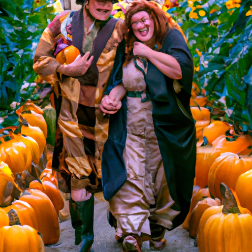 An image of a playful couple strolling through a vibrant pumpkin patch, clad in imaginative costumes