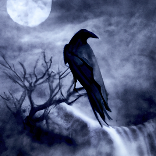 An image depicting a solitary crow perched atop an ancient, gnarled tree branch, its obsidian feathers glistening in the moonlight