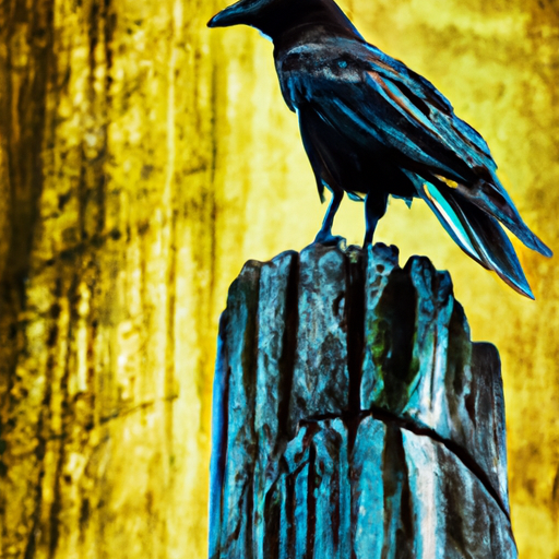 An image showcasing a solitary crow perched atop a weathered totem pole, its glossy feathers contrasting with the aged wood, embodying the profound cultural significance and spiritual symbolism associated with these enigmatic creatures