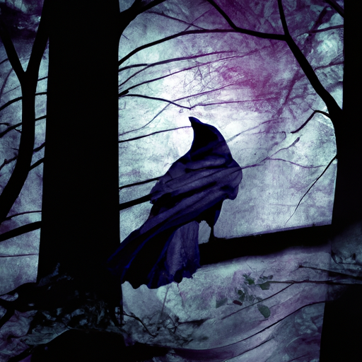 An image featuring a mystical forest at twilight, with a solitary crow perched on a tree branch