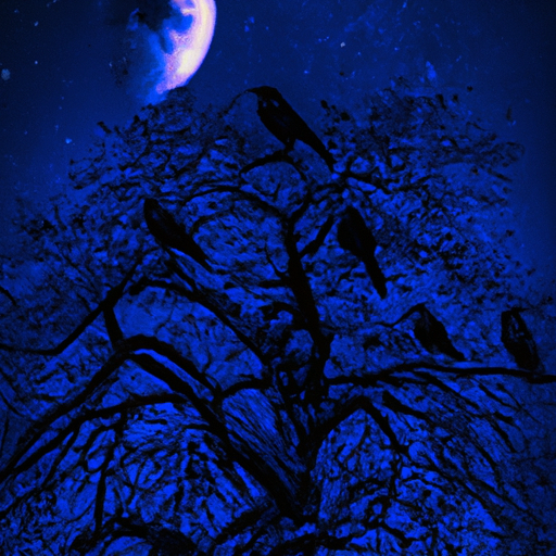 Create an image showcasing the mystical allure of crows, capturing their dark, glossy feathers glinting under a full moon, as they gather in a towering tree, evoking a sense of mystery and spiritual significance