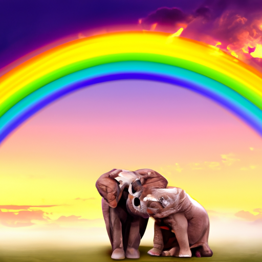 An image of two adorable animals, like a baby elephant and a puppy, playfully cuddling together under a vibrant rainbow