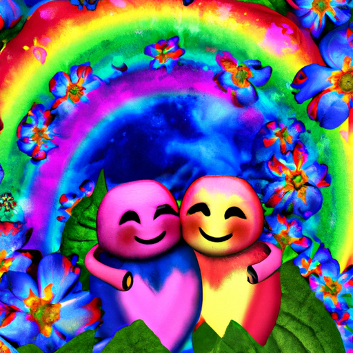 An image of two adorable cartoon characters hugging tightly under a vibrant rainbow, surrounded by a field of blooming flowers