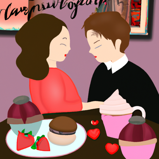 An image showcasing a couple sitting at a cozy café table, surrounded by delectable desserts like cupcakes, macarons, and chocolate-covered strawberries