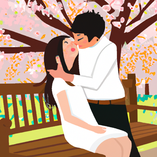 An image showcasing a couple sitting on a park bench, surrounded by blooming cherry blossom trees