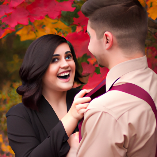 An image that captures the essence of a girl playfully teasing a guy, showing her mischievous smile, gently tugging on his tie, while he blushes and tries to hide his laughter, all against a backdrop of vibrant autumn leaves