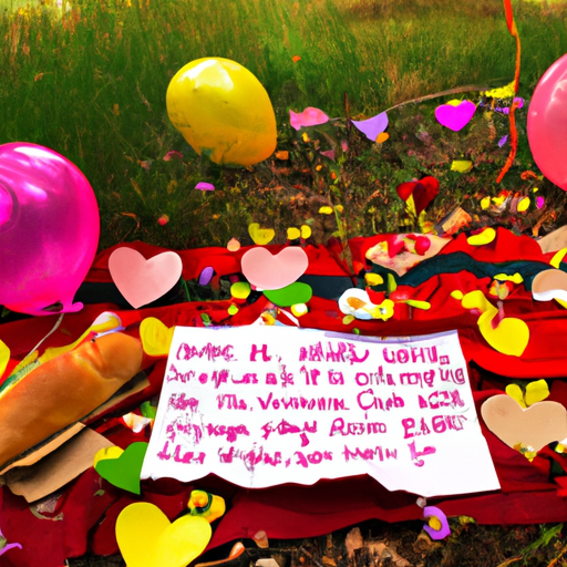 An image capturing a sunlit picnic blanket spread out in a park, adorned with heart-shaped sandwiches, colorful balloons, and a handwritten note