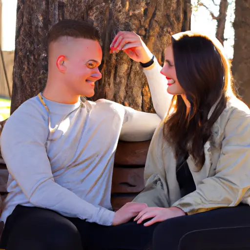 An image showcasing a couple sitting on a park bench, the girl gently brushing her boyfriend's cheek as he smiles, radiating confidence