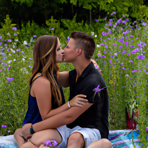 An image of a couple sitting on a picnic blanket surrounded by a field of wildflowers
