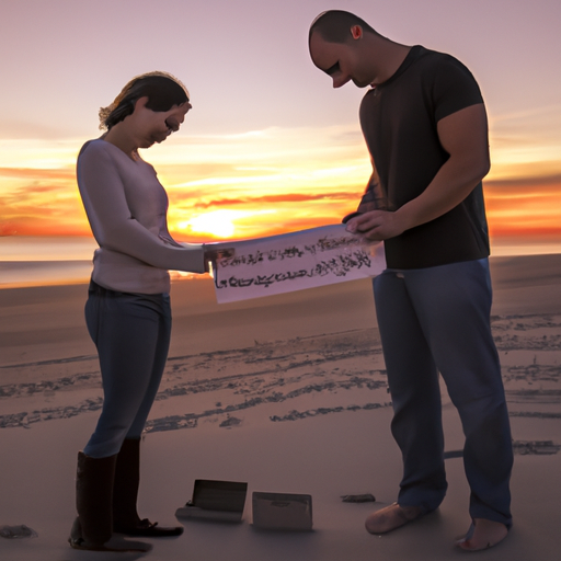 An image of a loving couple holding hands on a sandy beach at sunset