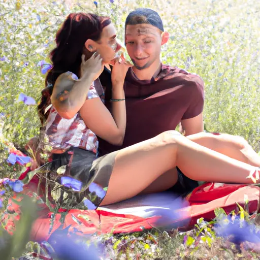 An image of a couple sitting on a cozy picnic blanket in a blooming meadow, surrounded by colorful wildflowers
