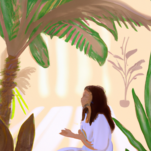 An image that showcases a serene, sunlit space with a person sitting cross-legged, eyes closed, palms resting on their knees