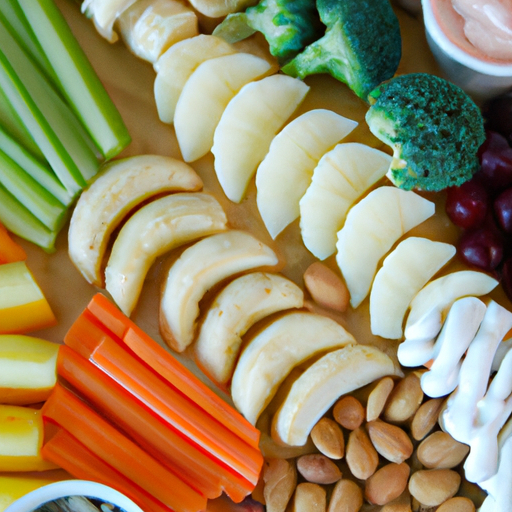 An image showcasing a colorful array of nutrient-rich snacks, such as sliced fruits, vegetable sticks, yogurt cups, and nuts, neatly arranged on a wooden cutting board