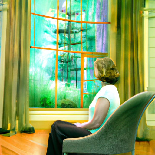 An image of a serene, sunlit room with a comfortable cushioned chair facing a large window