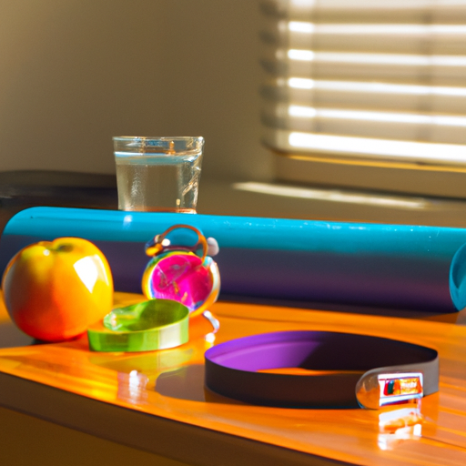 a vibrant, sunlit kitchen counter adorned with a colorful assortment of fresh fruits, a glass of water, a stopwatch, and a yoga mat rolled up neatly