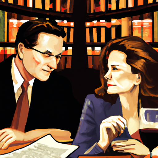 An image depicting a couple sitting in a dimly lit restaurant booth, surrounded by stacks of legal books and papers