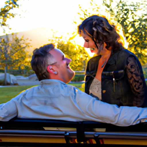 An image capturing a middle-aged couple, sitting together on a cozy park bench during a golden sunset, sharing laughter and leaning into each other, reflecting the joy and hopeful possibilities of dating in your 40s after divorce