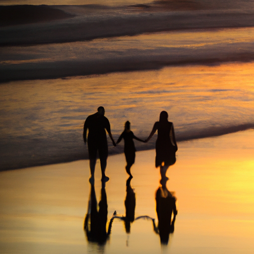 An image capturing a sunset beach stroll, where a couple, holding hands, walks alongside their children playing in the sand