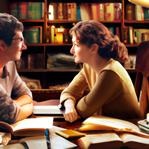 An image showcasing intellectual intimacy in a healthy relationship: Two individuals engrossed in deep conversation, their eyes sparkling with curiosity, surrounded by books, papers, and a cozy setting that invites intellectual exploration and connection