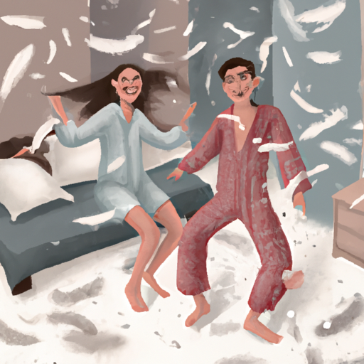 An image showcasing a couple in matching pajamas engaging in a playful pillow fight, surrounded by a trail of scattered feathers