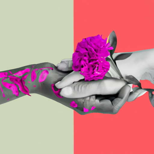An image depicting two intertwined hands, one adorned with a vibrant, blooming flower and the other with a withered, wilted one
