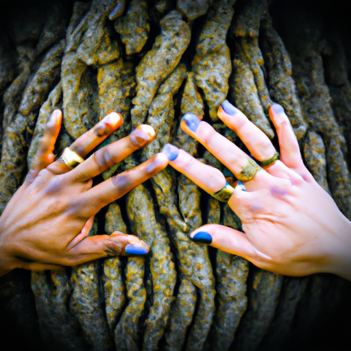 An image of two entwined hands, adorned with matching commitment rings, symbolizing unity and dedication