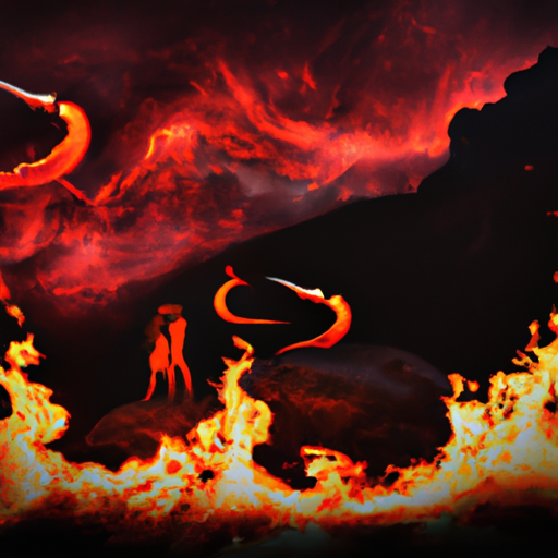An image of two passionate lovers standing on a mountaintop, surrounded by a blazing inferno