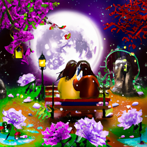 An image of a serene garden bathed in soft moonlight, where a content Taurus couple sits on a cozy bench, surrounded by blooming flowers, symbolizing their unwavering love and the stability they will enjoy in November
